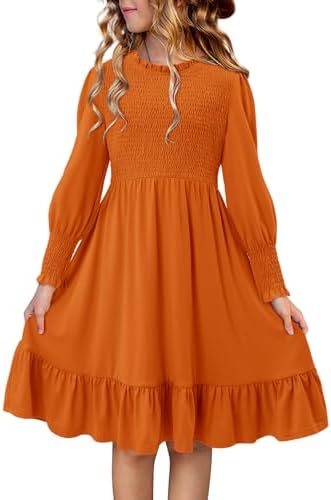 Yoklass Girls Dress Casual Ruffle Neck Puff Long Sleeve Flowy Smo...