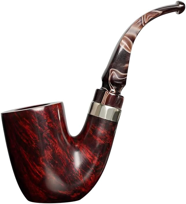 MUXIANG Hungarian Great Bent Style Design Tobacco Briar Pipe with Metal Decorative Rings Ha20338 (Dark Red)