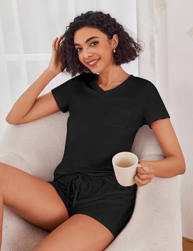 Image of Ekouaer Womens Pajama Sets Short Sleeve Pajamas for Women Sets Soft Lounge Sets Casual V Neck Sleepwear PJS