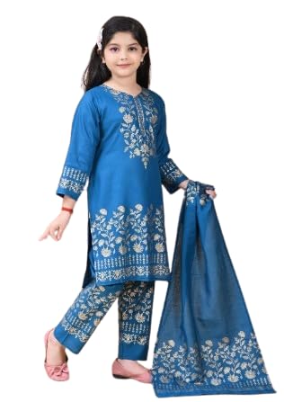 Image of Girl's Rayon Ethnic Wear Embroidered Kurta Set with Dupatta