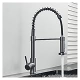 WXPGFEQ Küchenarmatur in Mattschwarz mit Ausziehbrause, 360° drehbar, Wandmontage, Warm- und Kaltwasser, modernes Design mit grauem Brausekopf für eine mühelose Küchenmodernisierung