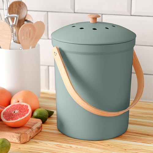Beautiful Kitchen Compost Bin with Smell Proof Lid - Rust Proof and Odorless Compost Bucket for Your Countertop with No Smell Filters - Easy to Clean 1.1 Gallon Bin Looks Great On Any Kitchen Counter