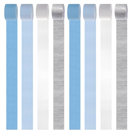 Image of Light-Dusty Blue White-Silver Party-Decorations Streamers - 8 Rolls Birthday Graduation 2026 Baby Bridal Shower Crepe Tissue Paper Streamer,Bachelorette Engagement Garland Decor Panduola