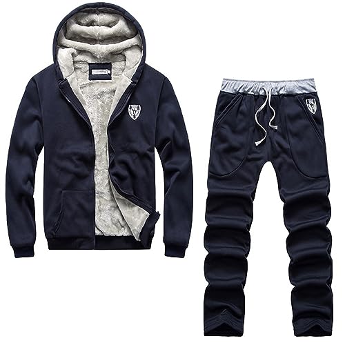Image of Duohropke Men's Winter Warm Jogging Suit with Fleece Lined, Men's Sports Suit, Casual Hooded Jacket, Jogging Bottoms, Combination Piece, Sweat Jacket, Training Trousers Set, 03 Marine, XL
