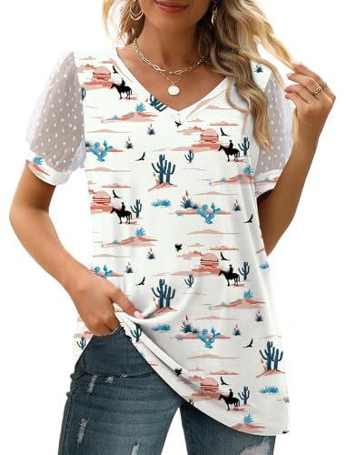 Image of Aokosor Womens Summer Tops V Neck T Shirts Swiss Dot Puff Sleeve Tops Loose Casual Tshirts