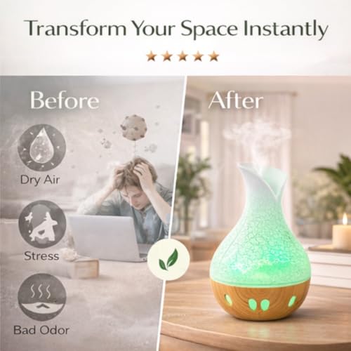 Image of Lakshiv Aroma Diffuser Humidifier for Room & Home with LED Light | Ultrasonic Cool Mist Air Humidifier for Bedroom | Essential Oil Diffuser | Wood Grain Finish | 30ml | Touch Operation (White Crystal)