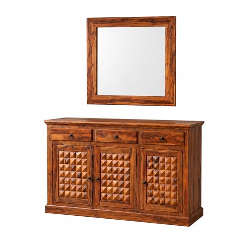 Image of SONA ART & CRAFTS Diamond Solid Sheesham Wood Bedroom Set | Queen Size Bed Without Storage, Wardrobe, Cabinet with Mirror & Two Bedside Tables - Natural Finish (Assembly Included)