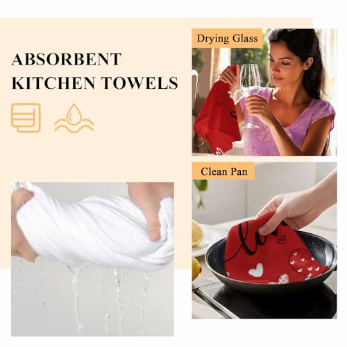 Image of Valentines Kitchen Towels Love Heart Flower Hand Towels Black Red Valentines Day Dish Towel Soft Absorbent Quick Drying 4 Pack Dish Cloths 18x28 Inch Anniversary Wedding Decoration