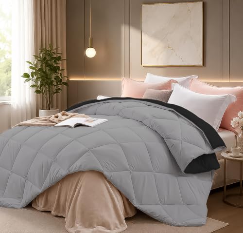 Image of Super Comfort Microfiber 300 GSM Reversible Winter Comforter for Double Bed Rajai /Blanket Diamond Stitch (90 inch x 100 inch Inches /228cm x 254cm) - Comforter Double Bed|Silver /Black