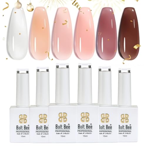 Image of Bolt Bee Gel Polish Kit, 6 Colors Light Soft Sakura White Nude Spring Soak off Nail Art Design Manicure Kit at Home (W+P+LP+BP+MP+CB)