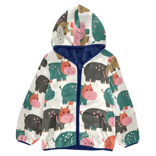 Colorful Hippo Pattern on Fabric Toddler Fleece Jacket Girl Boys Hooded Fleece Jacket Coat Warm Outwear Zip-up 3-10T