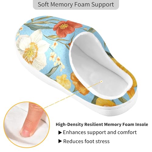 JUNZAN Autumn Flowers Tulips Daffodil Gladiolus Blue Cotton Slippers for Men Lightweight Memory Foam Ladies Slippers for Outdoor Funny Presents 6-72
