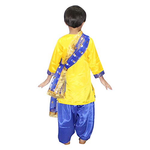 Image of Kaku Fancy Dresses Punjabi Folk Dance Costume For Kids /Salwar Suit With Dupatta For Girl Costume - Yellow & Blue, 10-12 Years