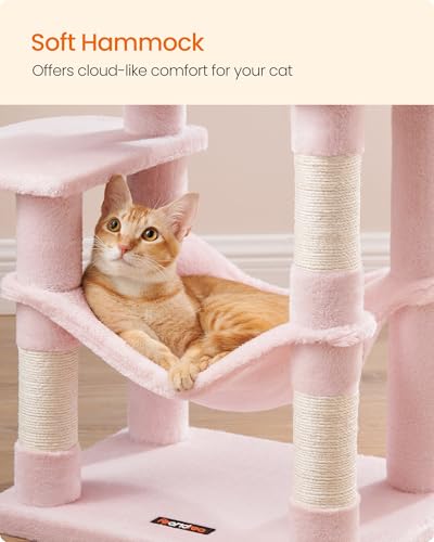 Image of Feandrea Cat Tree, 44.1-Inch Cat Tower, Plush Multi-Level Condo with 4 Scratching Posts, 2 Perches, Hammock, Cave, Jelly Pink UPCT261P01