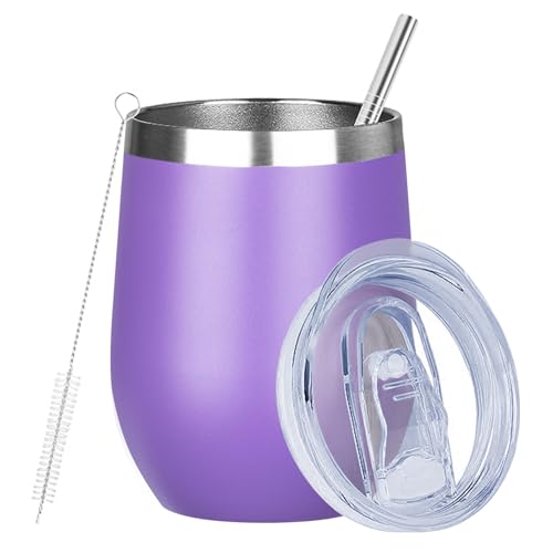 Image of MEZMUT 12oz Insulated Wine Tumbler with Lid Double Wall Vacuum Stainless Steel Wine Glass Coffee Mug Insulated Tumbler Cup for Champaign, Cocktail, Beer (Purple, 1 Pack)