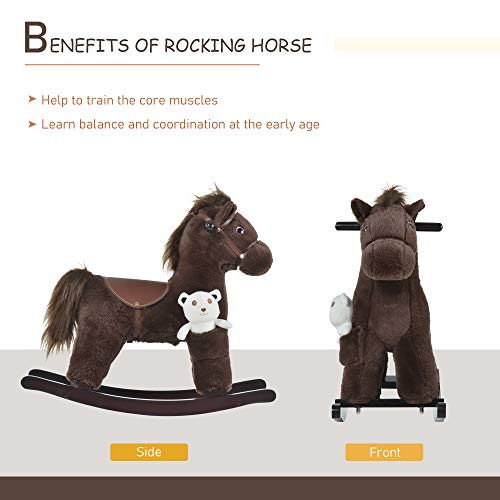 Qaba Kids Plush Ride-On Rocking Horse With Bear Toy, Children Chair With Soft Plush Toy & Fun Realistic Sounds, Brown #TOP4