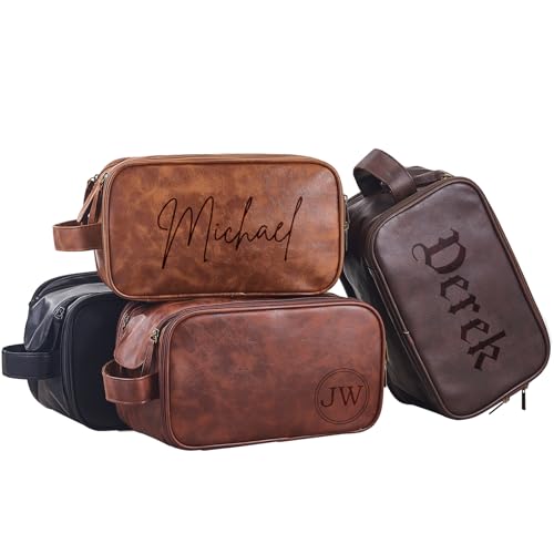 Personalized Leather Toiletry Bag for Men, Large Travel Shaving Dopp Kit Water-resistant Toiletries Organizer PU Leather Cosmetic Bags For Groomsmen Gifts Custom Laser Engraved Leather Gift