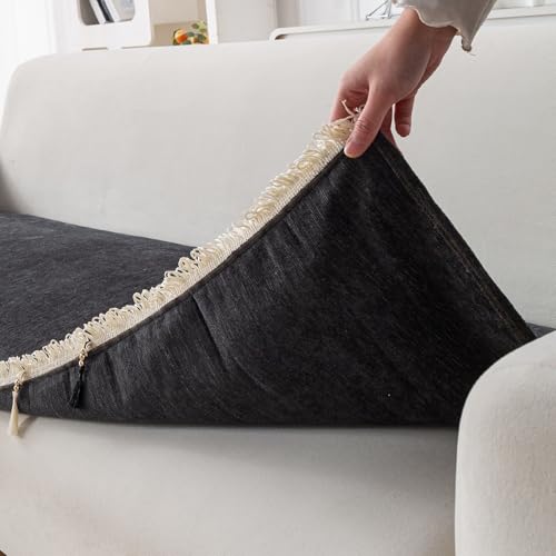 Image of HOKIPO 'Serenity Tassel' Chenille 2 Seater Sofa Cover with Tassel - Midnight Graphite (IN-891-DGRY)