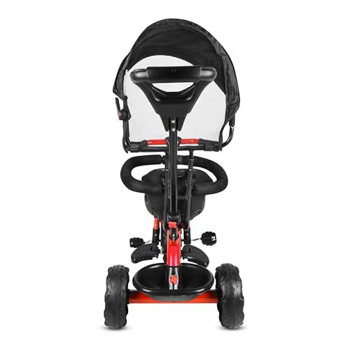 Image of BABY SMILE 4-in-1 Kids Tricycle with Adjustable Canopy, Parent Push Handle, Red and White (RED Black)