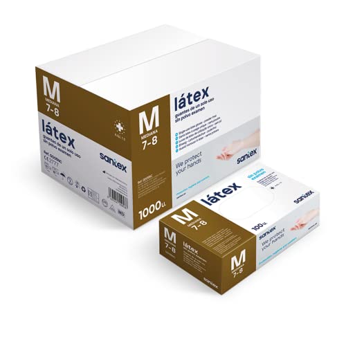 BSPOT Guantes de Látex, Talla M   Para examen, sanitario, higiene, limpieza, alimentación, desechables y sin polvo. Caja 100 Unidades