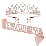 Birthday Girl Schärpe Krone Set,Geburtstag Mädchen Geburtstagskrone Mädchen mit Glitzer Schärpe Geburtstagszubehör Dekorationen für Geburtstag Geschenk Party Zubehör und Dekorationen (Rose Gold)