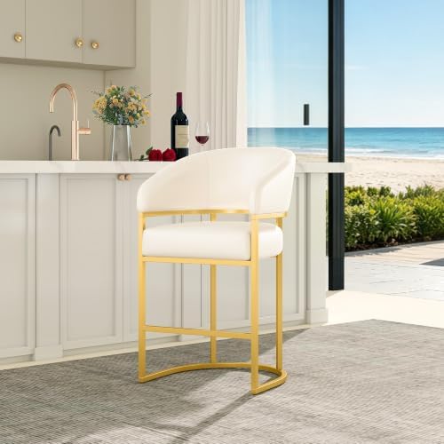 26" Modern Counter Height Bar Stools,Barstools with Arms,Kitchen Island Chairs,PU Leather Upholstered Barrel Bar Stools with Backs,Metal Gold Frames,Support 480 LBS,Beige White Leather