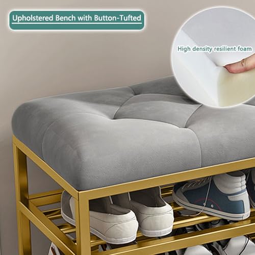 Banc de rangement à chaussures rembourré doté d'une double étagère métallique