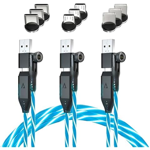 Statik 360 Pro Magnetic Charging Cable - 100W Fast Charging Magnetic USB C Charging Cable, Magnetic Charger Cable Compatible with Apple, USB-C, Micro-USB, USB-A, Globright Glowing LED, 6FT/2M, 3Pack Cover