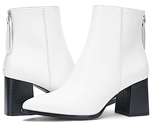 Jeossy Women's 9635 Chunky Heeled Ankle Boots | White Pointed Toe Stacked Block Heel Booties With Zipper Size 8(Djy9635 White 08) #TOP6