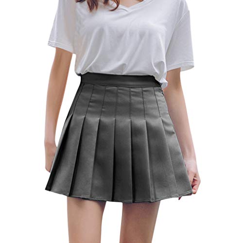 SSYUNO-dress Women Girls High Waisted Pleated Solid Mini Skirt Stretchy Flared Casual Short Skater Skirt Tennis Skirt Gray
