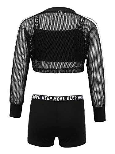 Kids Girls Hip Hop Dance Outfits Mesh Fishnet Net Sweatshirt Crop Tank Top and Booty Shorts Dancewear4