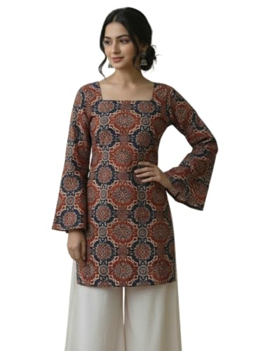 Image of MAHIRA'S Women's Short Kurti, Black Rayon Tunic Top with Embroidered Sleeves, 3 /4 Designer Sleeves