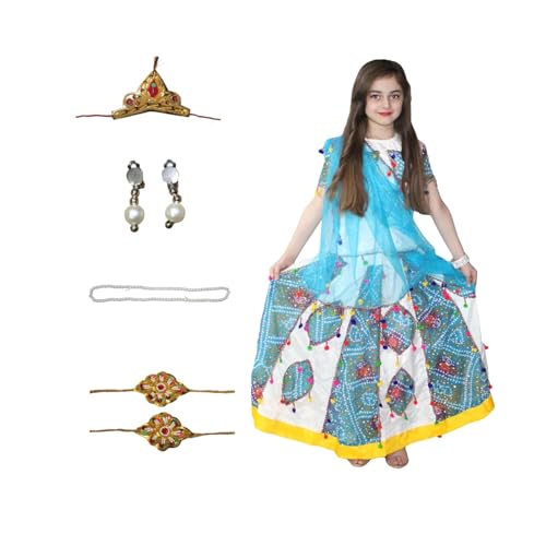 Image of Kaku Fancy Dresses Traditional Radha Costume for Girls - Red & Yellow Lehenga Choli with Dupatta | Indian Mythological Fancy Dress for Janmashtami - 14-17 Years