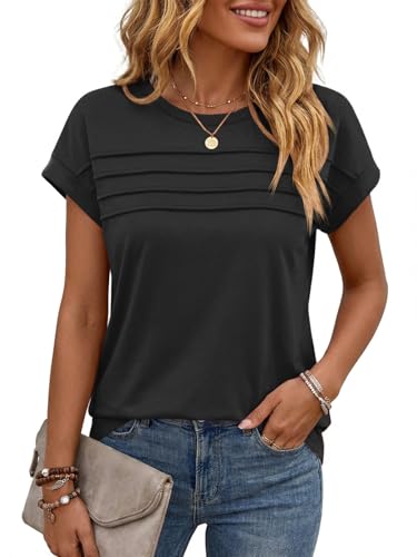 Cicy Bell T Shirt Damen Rundhals Oberteile Elegant Kurzarm Tops Sommer Basic Shirts Bluse. Schwarz L