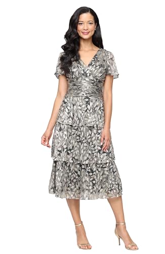 S.L. Fashions Women's Short Sleeve V-Neck Midi Cocktail Dress W/Ruched  Waist