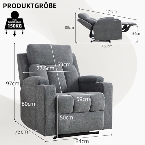 Simore Manueller Relaxsessel mit Liegefunktion und Getränkehalter, Fernsehsessel mit Fußstütze und weicher Kopfstütze, bis 150 kg Belastbar, TV-Sessel für Wohnzimmer, Grau, 2 Stück – Bild 3