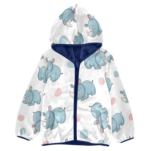 Cute Blue Rhino Pattern Toddler Fleece Jacket Girl Boys Hooded Fleece Jacket Coat Warm Outwear Zip-up 3-10T
