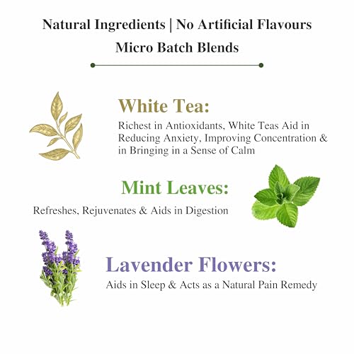Image of Sancha Tea Boutique, Combo Pack: Chamomile Herbal Tisane (50g) & Lavender White (25 Pyramid Bags), Pure Silver Needle Leaves, Calming & Relaxing Floral Infusions