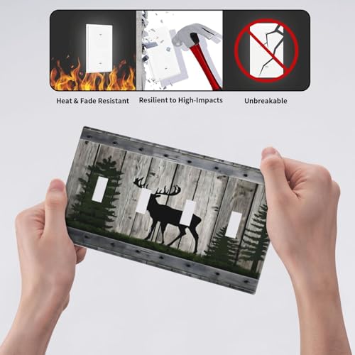 Decorative Light Switch Cover Plate Rustic Deer Elk Forest Grey Wood Board 4 Gang Wall Plate Oversized Quad Toggle Switch Cover Plate Jumbo Faceplate for Farmhouse Decor