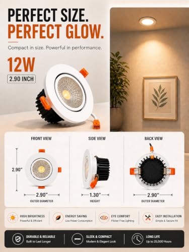 Image of KUSUM 12 Watt White Reflector Concealed LED Ceiling COB Round Spot Light with Focused Beam | Cool White, Pack of 1 (6000K) | Energy Efficient LED Ceiling Light for Home and Office