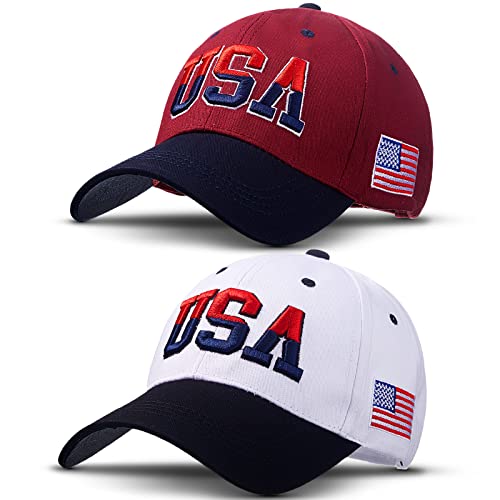 Image of Coume 2 Pack American Flag Baseball Caps for Men,Burgundy,White