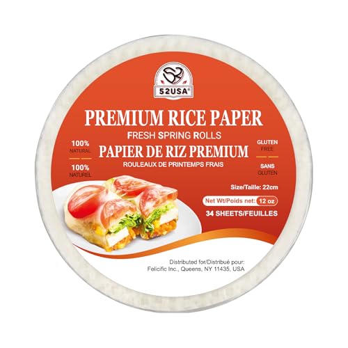 52USA Rice Paper, 1 Pack, Rice Paper Wrappers, Fresh Spring Roll Wrappers & Dumplings-34 Sheets, Gluten-Free Wonton Wrappers, Vegan, Low Carb, Vietnamese Rice Wraps (Round, 22cm)
