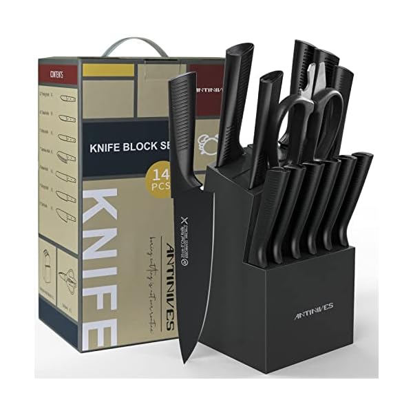 ANTINIVES Black Knife Block Sets, 14 Pcs German Stainless Steel Knife