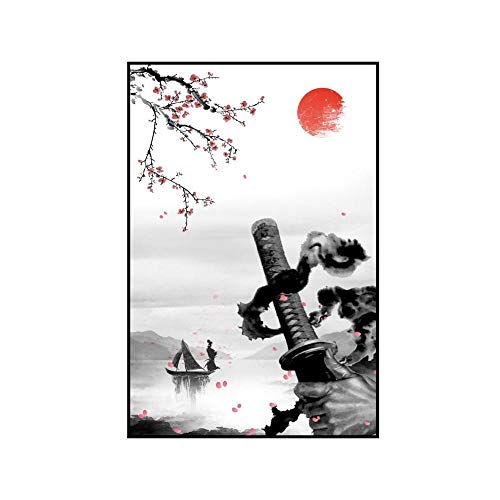 Affiche à l'encre Japonaise et Japon samouraï Esprit Murale Art Tableaux Style Japonais samouraï Katana Toile Tableau Peinture Chambre Decoration à la Maison 40x60 cm Pas de Cadre