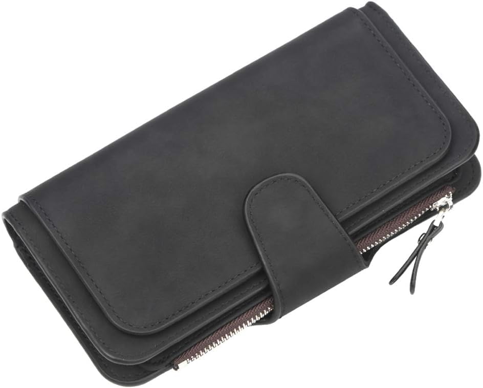 Long Genuine Leather Wallet for Women RFID Blocking Soft Clutch with Zipper Coin Pocket Light Blue (Black)