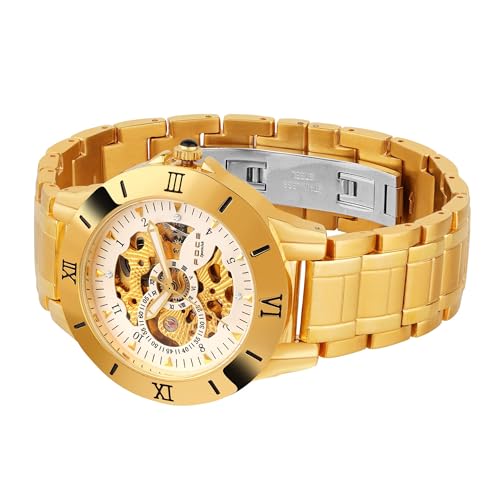 Image of Foce Men's Automatic Golden Stainless Steel Chronograph Watch, White Skeleton (See-Through) Dial, Magnetic Health Monitor, Two-Tone Golden Stainless Steel Strap, Limited Edition, Model F979GGM-WHITE
