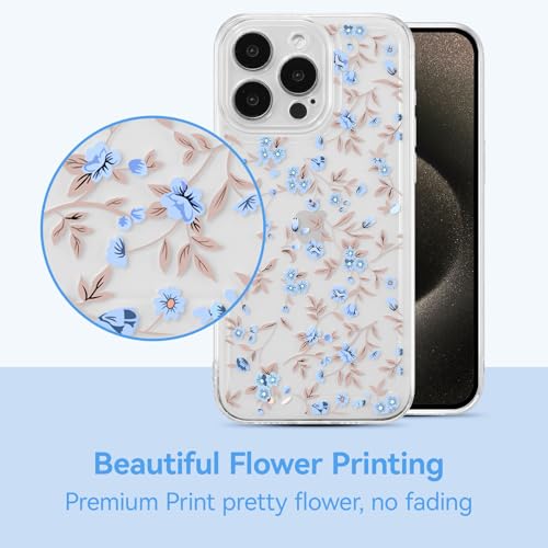 Étui iPhone 15 Pro Max cadeau idéal motif fleurs esthétiques bleu clair TPU