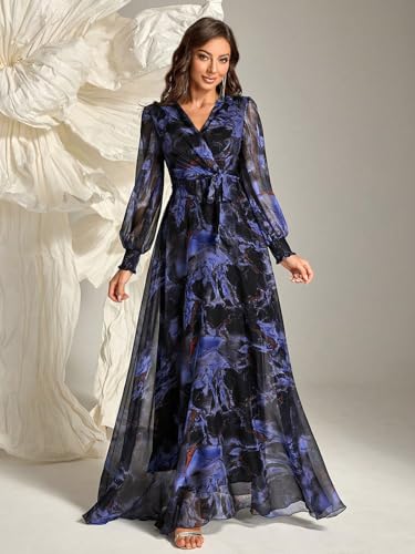 Image of TOLEEN Summer Casual Dresses for Women 2024 Spring Fashion Boho V Neck Long Sleeve Ruffle Floral Print Elegant Maxi Dress