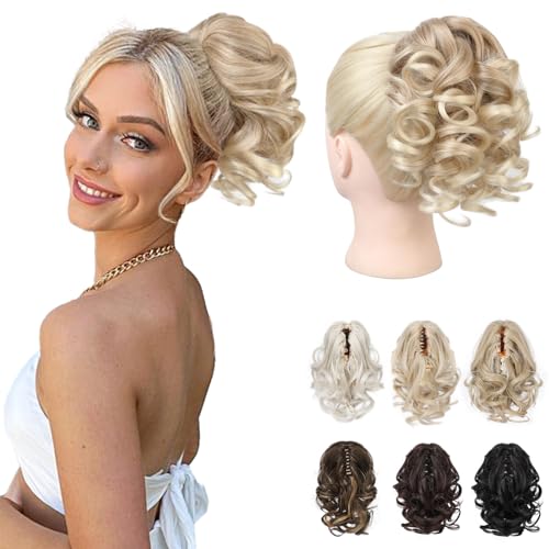 REECHO Ponytail Extension, 9" Claw Clip in Short Curly Wavy Pony Hair Extension Jaw Clip on Pony Tail HP001 Hairpiece for Women - Dark Blonde with Light Blonde Ends