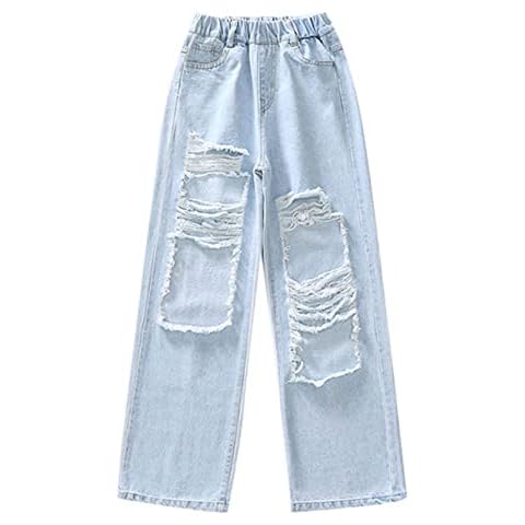 Agoky Kids Girls Casual Ripped Jeans Washed Elastic Waist Wide Leg Baggy Trousers with Pockets Denim Pants Blue D 10-12 Years Cover
